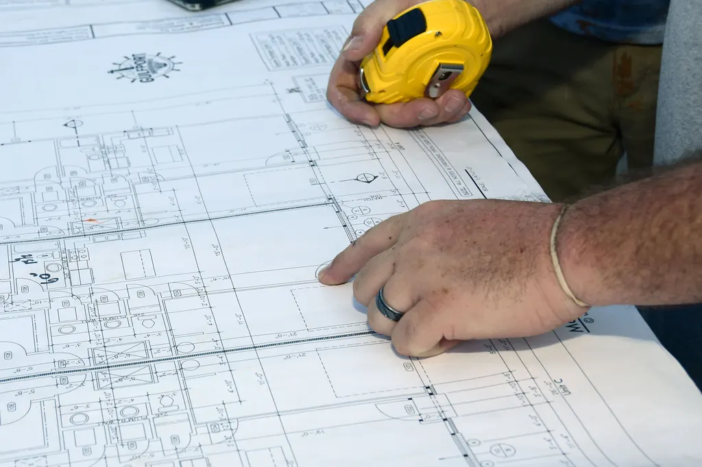 Close view of hands, a tape measure, and construction plans.