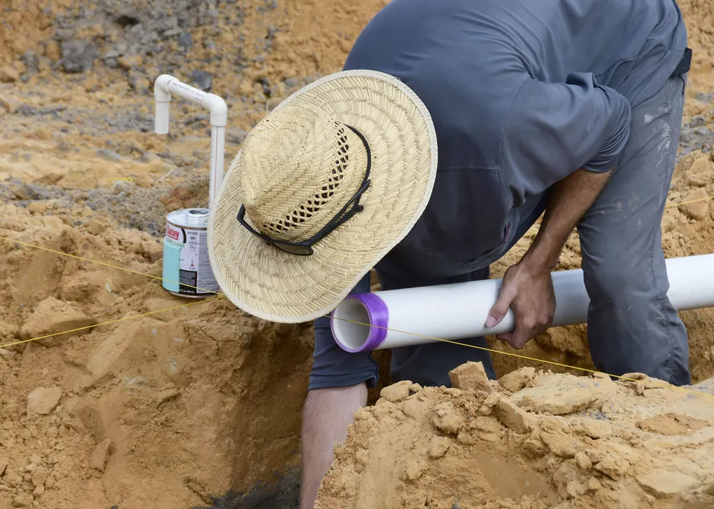Crew member preparing a PVC pipe connection in a trench.