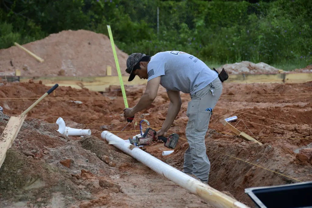 Reliance crew member fitting underground PVC piping at a construction site.